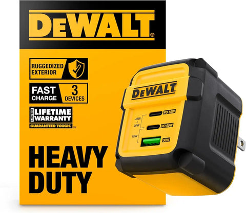 DEWALT Heavy Duty 3 Port Dual USB C Charger Block, USB C Power Adapter GaN Charger (65W), PPS 3-Port Fast Compact Foldable for MacBook Pro/Air iPad Pro Galaxy S23 Dell XPS 13 iPhone 17/16/15