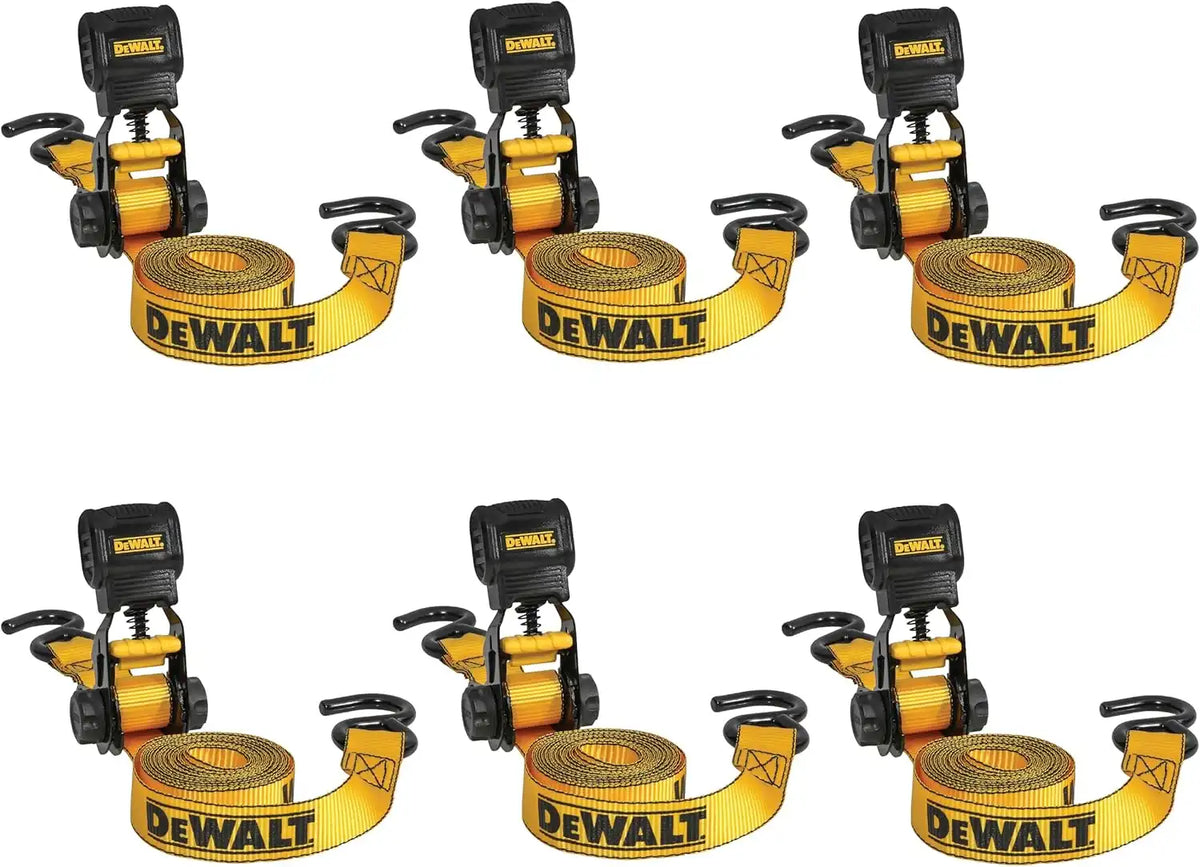 DEWALT DXBC15006X Black/Yellow 1" x 10' Ratchet Tie Down Strap - 500 lb Safe Working Load / 1,500 lbs Break Strength, 6 Pack