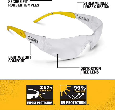DEWALT DPG54-1C Protector™ Protective Eyewear – ANSI Z87.1+ Impact Rated – Lightweight Universal-Fit Frame – Flexible Rubber Temples – Clear Lens – 1 Pair