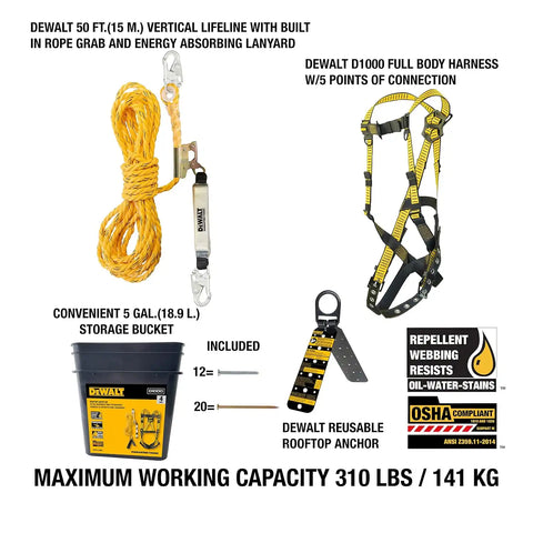 DEWALT Rooftop safety kit with D1000 harness with Pass-Thru Chest and Tongue Buckle Legs, 50' vertical lifeline w/rope adjustor and reusable rooftop anchor
