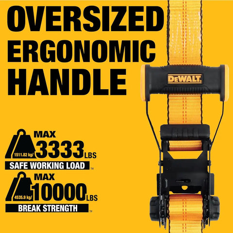 DEWALT DXBC10000F Black/Yellow 2" x 27' Ratchet Tie Down Strap with Flat Hook - Heavy-Duty Cargo Hauling (10,000 lb Break Strength)