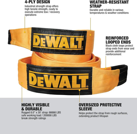 DEWALT DXBC200000 Black/Yellow 8” x 30’ Tow and Recovery Strap with Looped Ends - 2-Ply / 66,666 LBS Safe Working Load / 200,000 LBS Break Strength