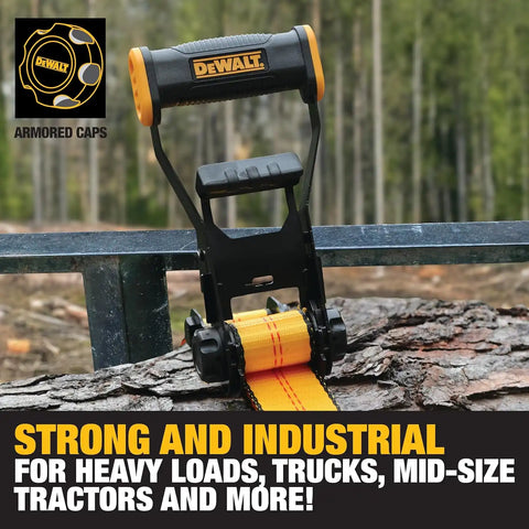 DEWALT DXBC10000J Black/Yellow 2" x 27' Ratchet Tie Down Strap with Double J-Hook - Heavy-Duty Cargo Hauling (10,000 lb Break Strength)