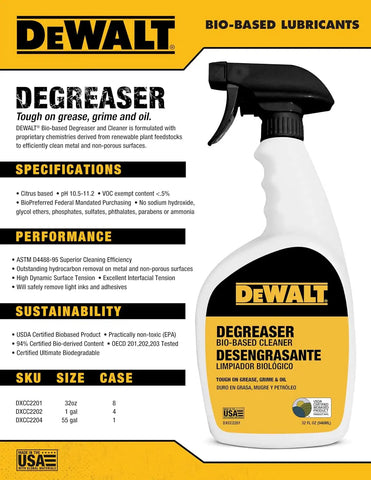 DEWALT sustainable, biodegradable, high performance degreaser, 32 oz spray bottle eco-friendly grease remover, non-caustic, non-corrosive
