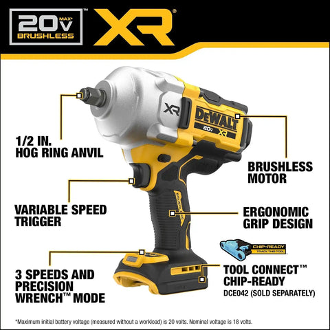 DEWALT 20V MAX XR 1/2 Inch Cordless Impact Wrench Kit with Hog Ring Anvil, Battery and Charger Included (DCF961GP1)