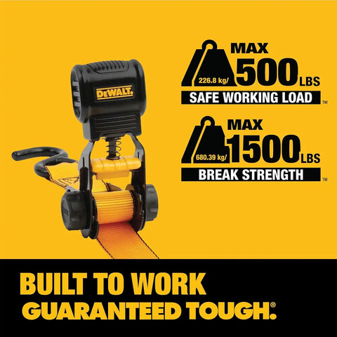 DEWALT DXBC15006X Black/Yellow 1" x 10' Ratchet Tie Down Strap - 500 lb Safe Working Load / 1,500 lbs Break Strength, 6 Pack