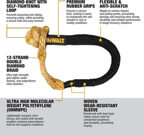 DEWALT DXBC900011 Black/Yellow 2" x 30' Heavy Duty Offroad Recovery Kit - Kinetic Rope 131,600 LBS Break Strength/Soft Shackles 135,000 LBS Break Strength