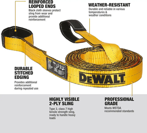 DEWALT DXBC90085-2 Black/Yellow 2” x 16’ Heavy Duty Lifting Sling - 2 Ply X 6,400lbs Vertical Weight Capacity / 12,800 lb Basket Weight Capacity, 2 Pack