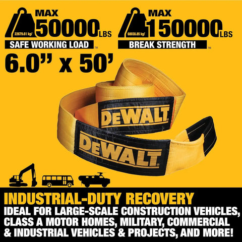 DEWALT DXBC15000050 Black/Yellow 6” x 50’ Tow and Recovery Strap with Looped Ends - 4-Ply / 50,000 LBS Safe Working Load / 150,000 LBS Break Strength