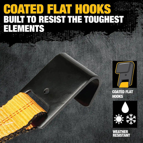 DEWALT DXBC10000F Black/Yellow 2" x 27' Ratchet Tie Down Strap with Flat Hook - Heavy-Duty Cargo Hauling (10,000 lb Break Strength)