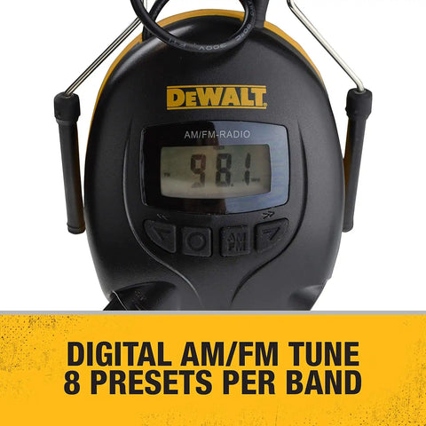 DEWALT DPG15 Hearing Protection Earmuffs with AM/FM Radio, LCD Display, 8 Presets, 3.5mm Aux, NRR 25dB