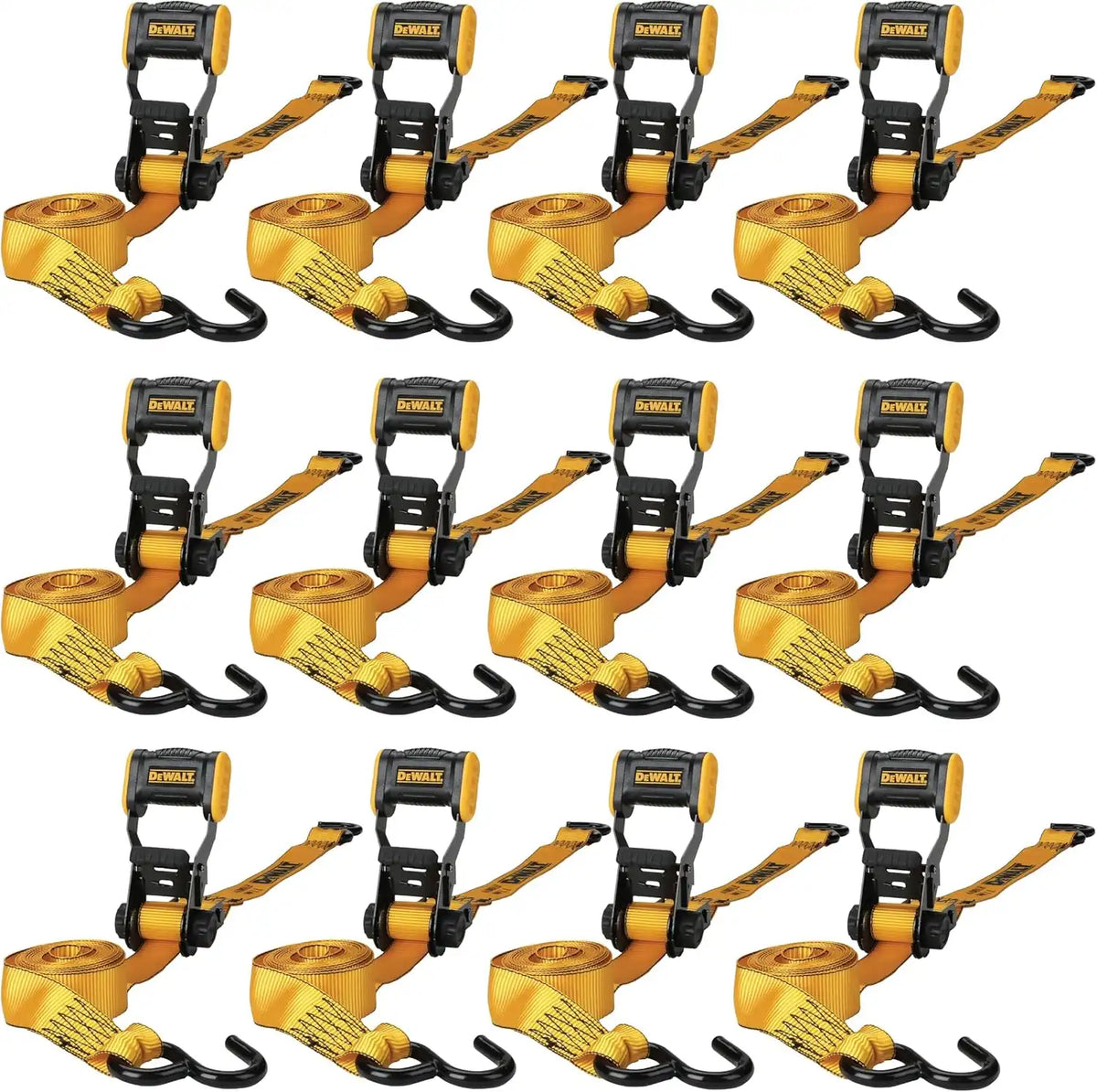DEWALT DXBC18001-12PK Black/Yellow 1.25" x 12' Ratchet Tie Down Straps - Light-Weight Cargo Hauling (1800 lb Break Strength), 12 Pack
