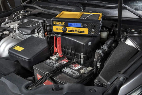 DEWALT DXAEC801B 30 Amp Bench Battery Charger: 80 Amp Engine Start, 2 Amp Maintainer, 120V AC Outlet, 3.1A USB Port, Battery Clamps