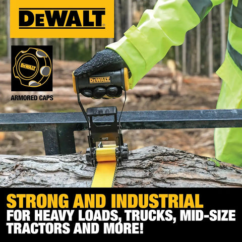 DEWALT DXBC10000F Black/Yellow 2" x 27' Ratchet Tie Down Strap with Flat Hook - Heavy-Duty Cargo Hauling (10,000 lb Break Strength)