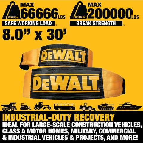 DEWALT DXBC200000 Black/Yellow 8” x 30’ Tow and Recovery Strap with Looped Ends - 2-Ply / 66,666 LBS Safe Working Load / 200,000 LBS Break Strength