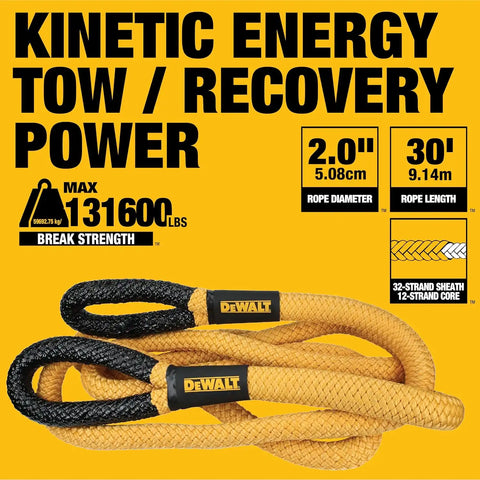 DEWALT DXBC900011 Black/Yellow 2" x 30' Heavy Duty Offroad Recovery Kit - Kinetic Rope 131,600 LBS Break Strength/Soft Shackles 135,000 LBS Break Strength