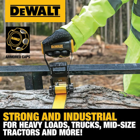 DEWALT DXBC10000F-6PK Black/Yellow 2" x 27' Ratchet Tie Down Strap with Flat Hooks - Heavy-Duty Cargo Hauling (10,000 lb Break Strength), 6 Pack