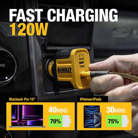 DEWALT Heavy Duty USB C Car Charger, 120W 2-Port PD 3.0 Type C Adapter, PPS Fast Charging w/Power Delivery for iPhone 17 16 15 14 13 Pro Max Mini Galaxy S22/S20/S10 Pixel iPad/iPad mini