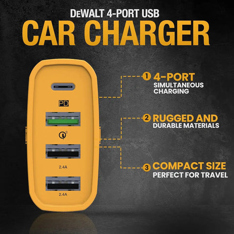 DEWALT Heavy Duty 4 Port USB C Car Charger Multiport, Fast 60W USB Cigarette Lighter Adapter, PD Type C Multi Car Phone Charger, Cell Phone Automobile Chargers Compatible iPhone 17/16/15 Samsung