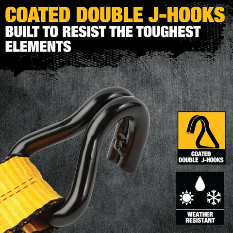 DEWALT DXBC10000J-6PK Black/Yellow 2" x 27' Ratchet Tie Down Straps with Double J-Hooks - Heavy-Duty Cargo Hauling (10,000 lb Break Strength), 6 Pack