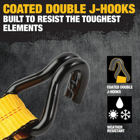 DEWALT DXBC10000J Black/Yellow 2" x 27' Ratchet Tie Down Strap with Double J-Hook - Heavy-Duty Cargo Hauling (10,000 lb Break Strength)