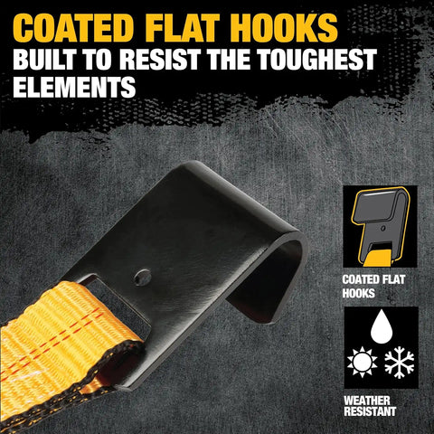 DEWALT DXBC10000F-6PK Black/Yellow 2" x 27' Ratchet Tie Down Strap with Flat Hooks - Heavy-Duty Cargo Hauling (10,000 lb Break Strength), 6 Pack