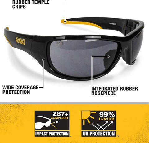 DEWALT DPG94-2C Dominator Z87+ Safety Glasses – Black Full Frame & Smoke Lens – Rubber Temples & Nosepiece – 1 Pair