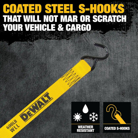 DEWALT DXBC18004 Black/Yellow 1.25" x 12' Ratchet Tie Down Straps - Light-Weight Cargo Hauling (1800 lb Break Strength), 4 Pack