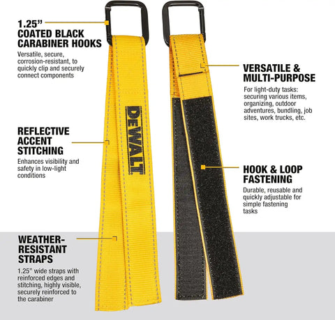 DEWALT DXBC90060 Black/Yellow 1.25” x 12” Light Duty Carabiner Utility Straps, 2 Pack