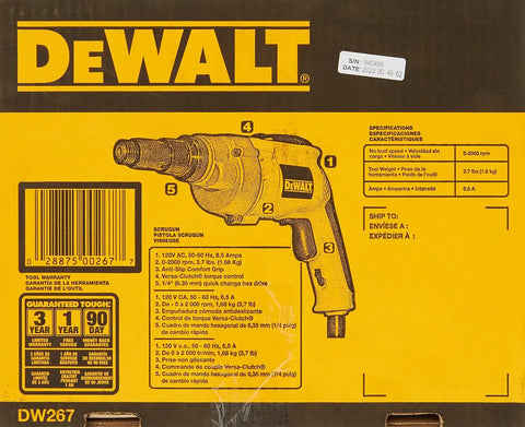 DEWALT Drywall Screw Gun, Variable Speed Reversible, 6.5-Amp (DW267), 0.25