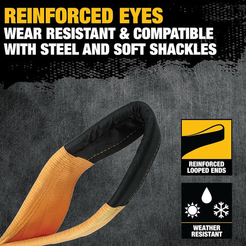 DEWALT DXBC200000 Black/Yellow 8” x 30’ Tow and Recovery Strap with Looped Ends - 2-Ply / 66,666 LBS Safe Working Load / 200,000 LBS Break Strength