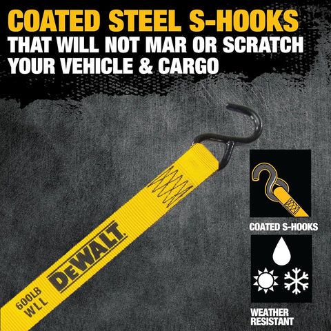DEWALT DXBC18001-12PK Black/Yellow 1.25" x 12' Ratchet Tie Down Straps - Light-Weight Cargo Hauling (1800 lb Break Strength), 12 Pack